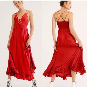 Free People One Red Adella Lace Smocked Back Ruffle Hem Maxi Slip Dress size M